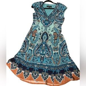 Jones of New York Dress Petite Deep v neck Cap Sleeves Multi Color Paisley